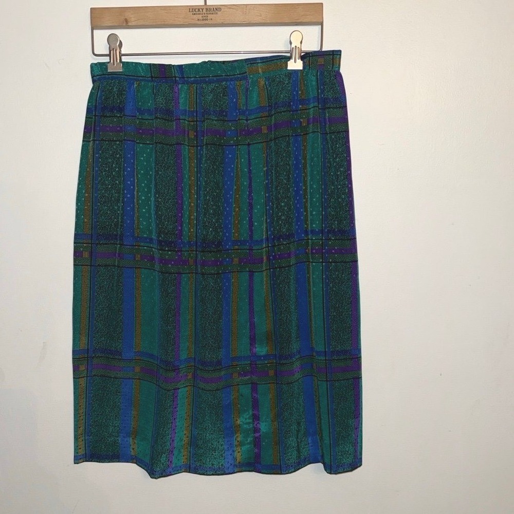 Vintage Linden Skirt 12 Green Blue Abstract Plaid Silky Midi Made in USA 80s
